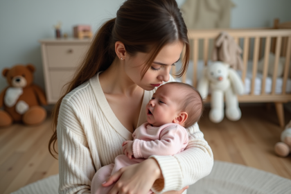 Jeune maman ber&ccedil;ant son b&eacute;b&eacute; dans un cadre chaleureux