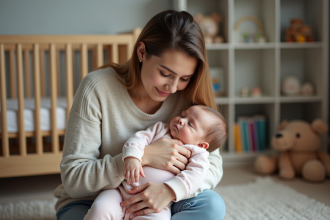 Jeune maman tenant son bébé dans un nursery apaisant
