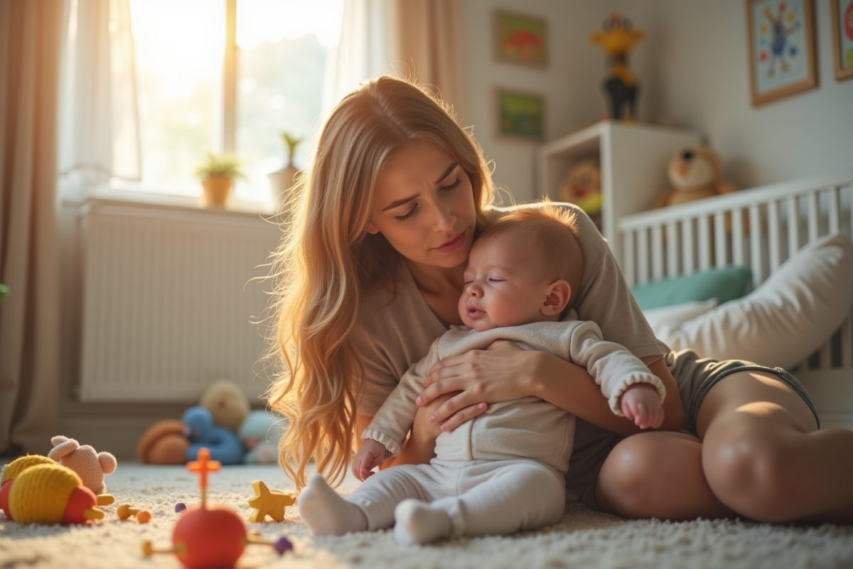 Maman inquiète tenant son bébé éveillé dans une nurserie lumineuse