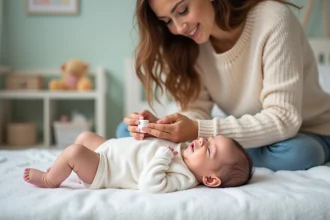 Jeune maman appliquant lotion à son bébé dans une nurserie