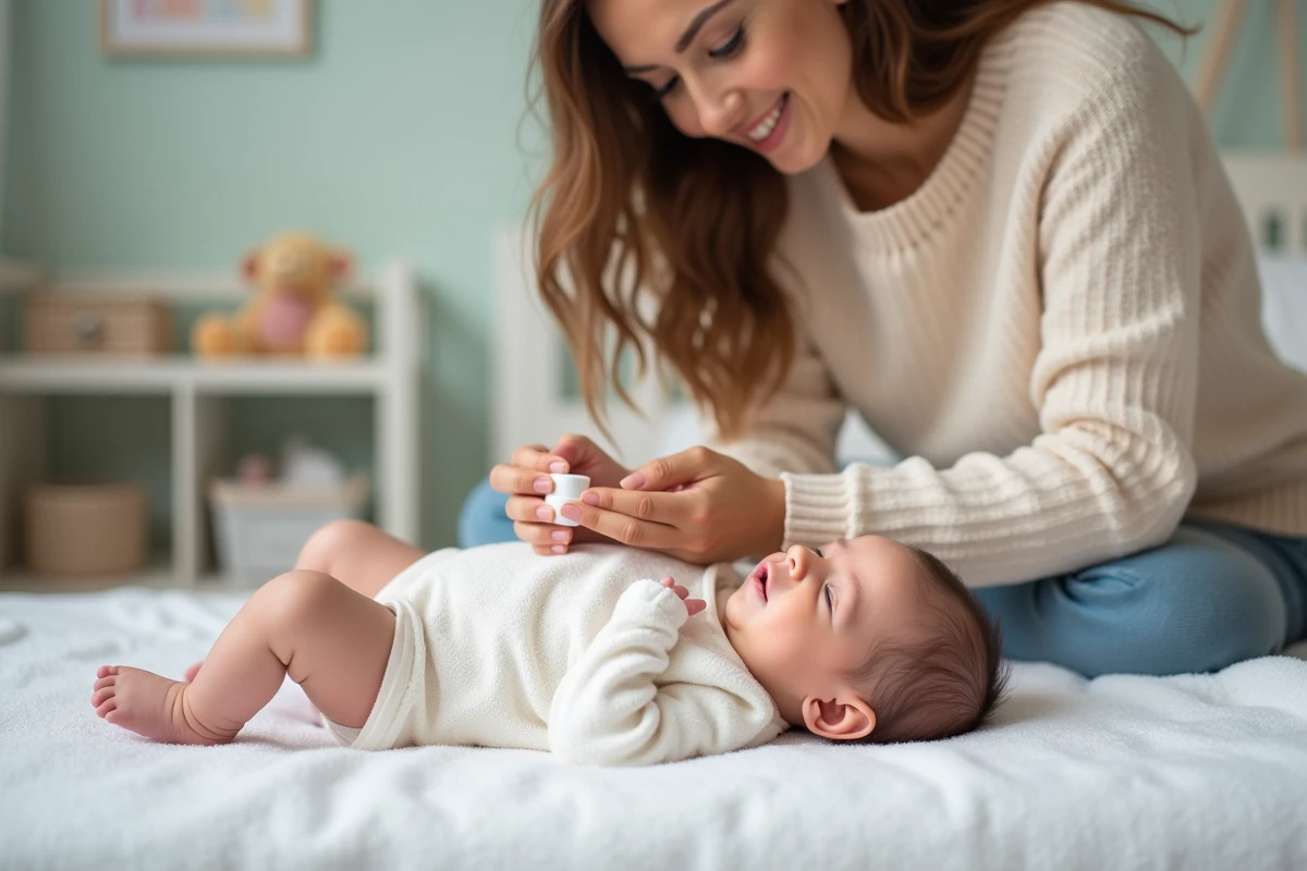 Jeune maman appliquant lotion à son bébé dans une nurserie