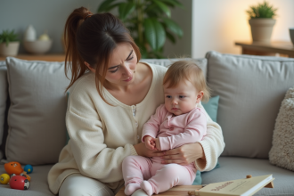 Jeune maman inquiète tenant son bébé dans un salon chaleureux