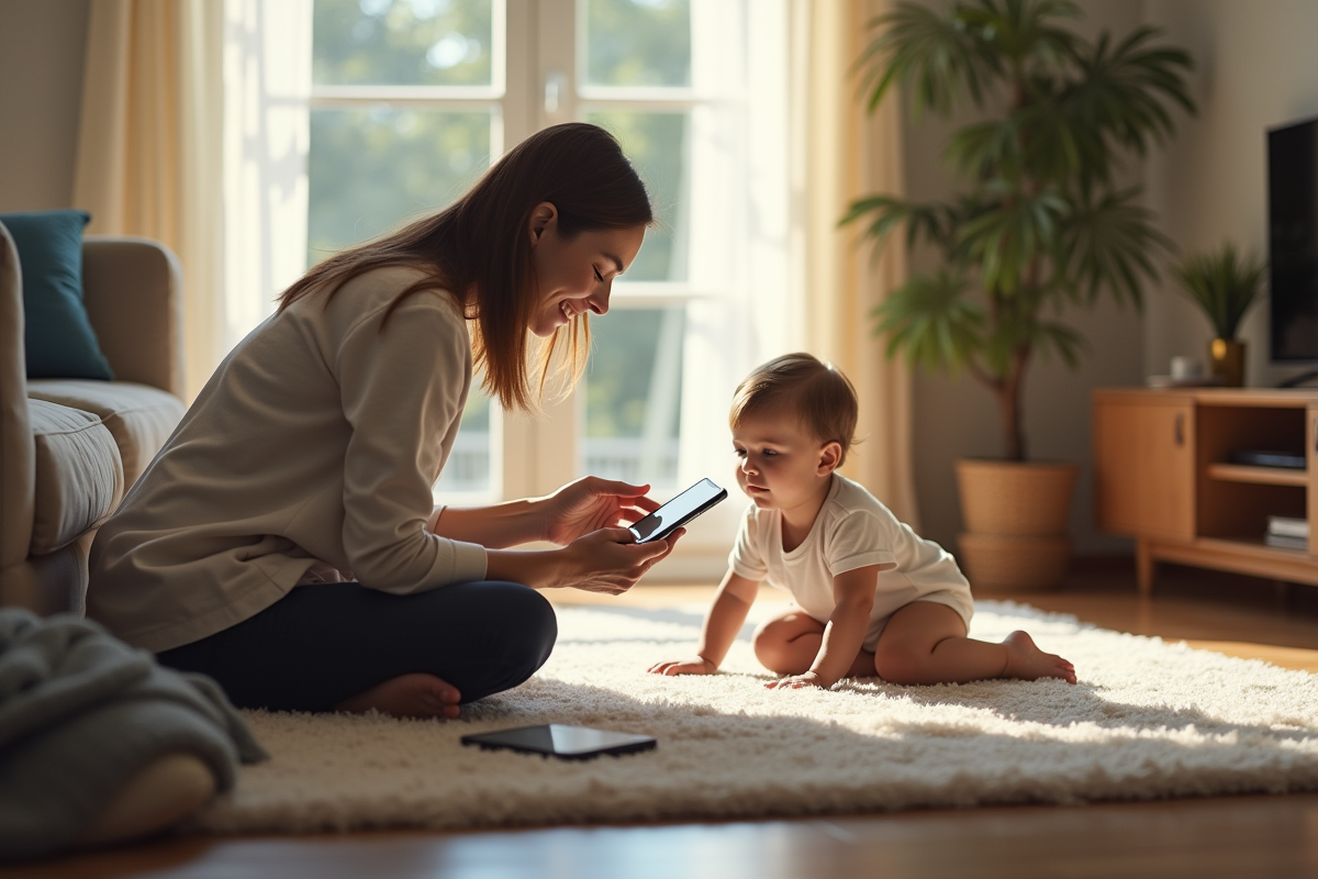 Mère utilisant une application de contrôle parental dans un salon lumineux