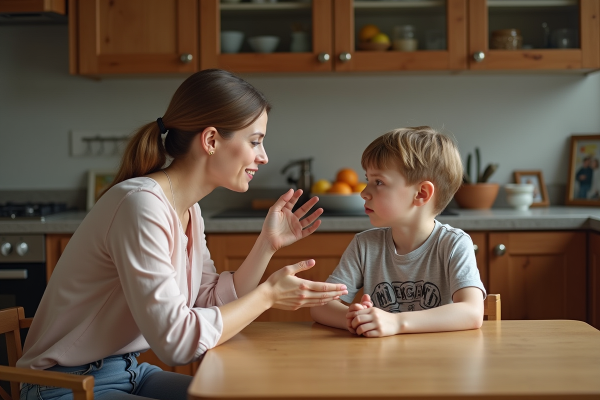 Une mère parle doucement à son garçon dans la cuisine