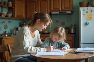 Femme et fille dessinant à la maison dans une cuisine modeste