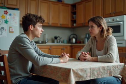 Maman et adolescent dans la cuisine familiale