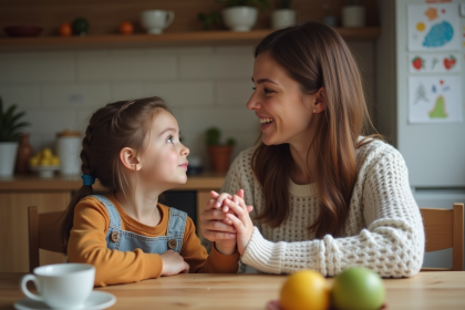 Maman tenant la main de sa fille à la cuisine