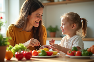 Maman préparant un plat coloré de fruits et légumes frais pour son enfant