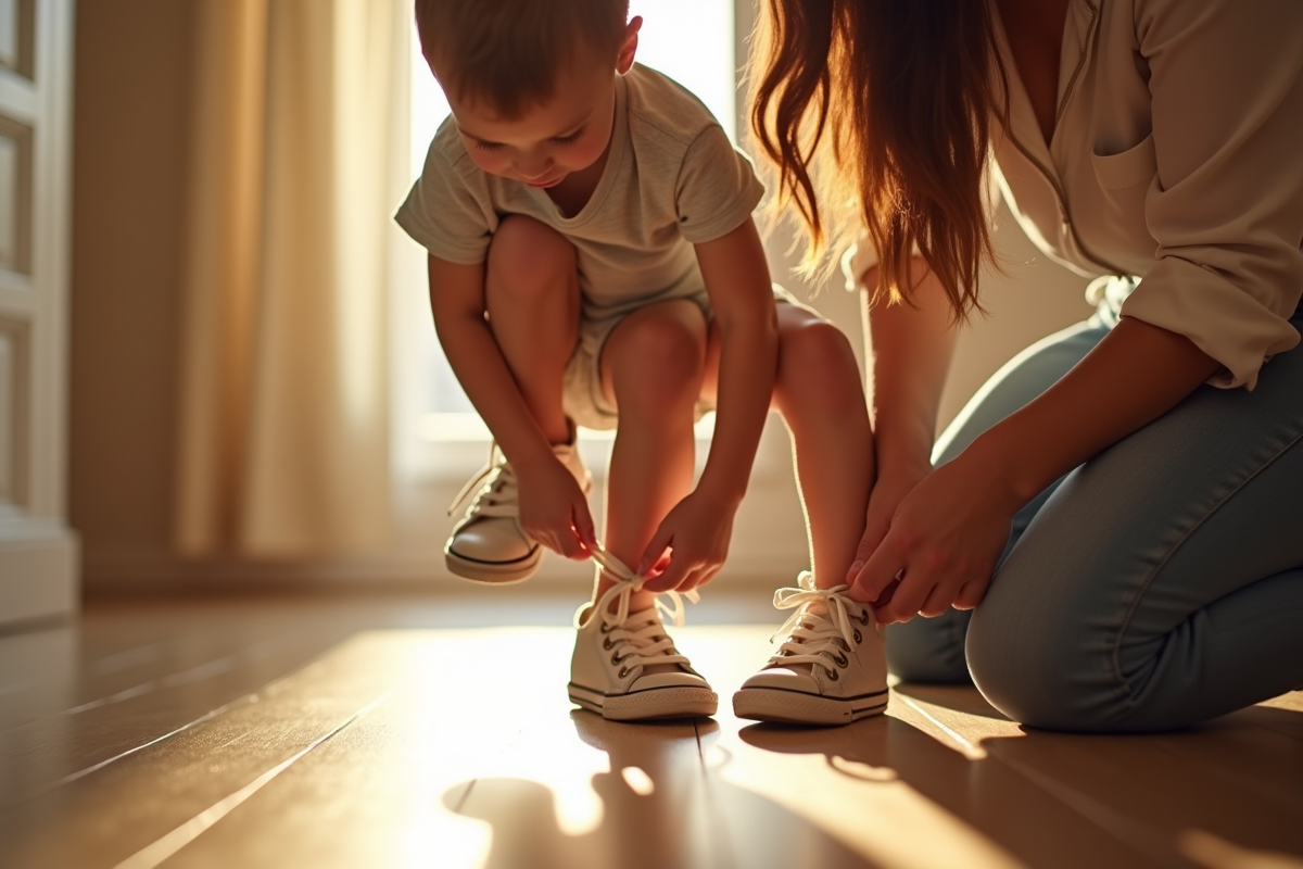 Maman attache les lacets de son enfant dans un couloir ensoleille