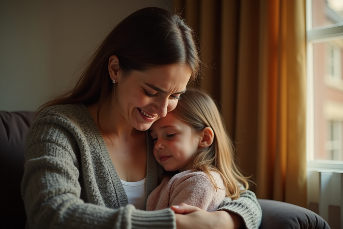 Maman réconforte sa fille dans un salon chaleureux