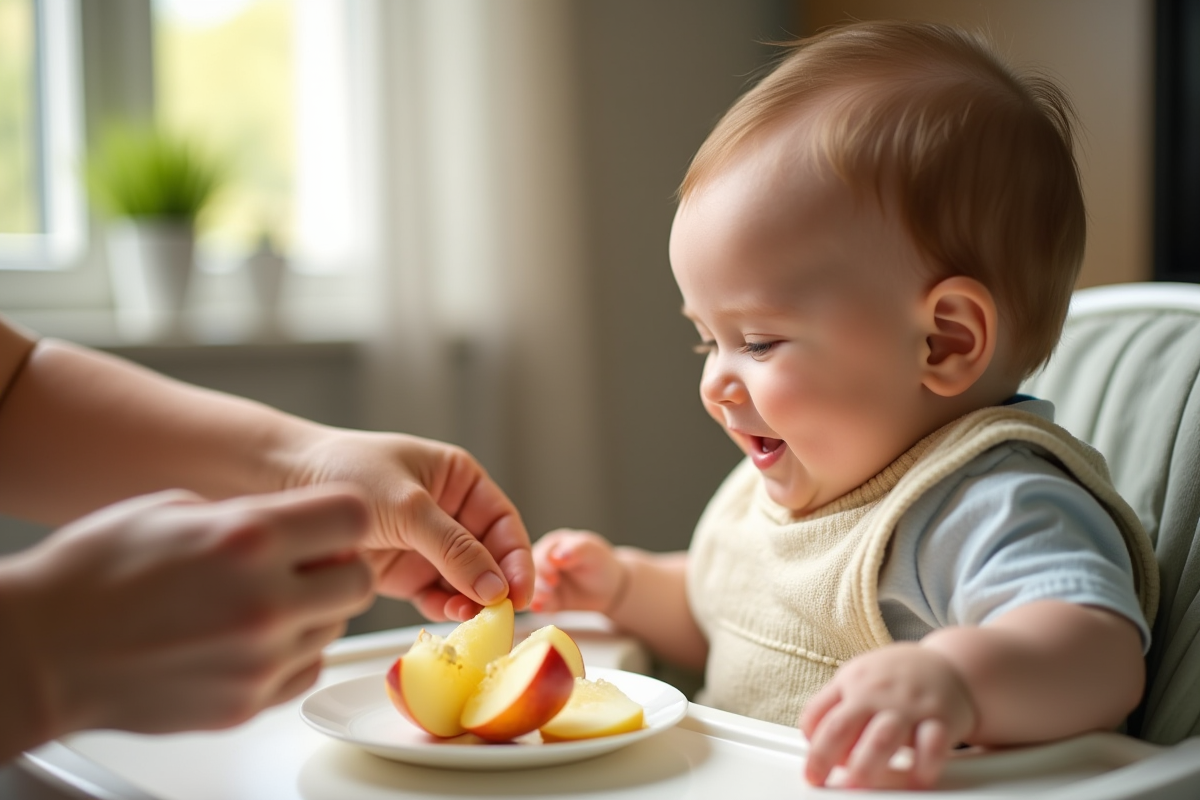 Parent offrant des tranches de pomme à un bébé souriant