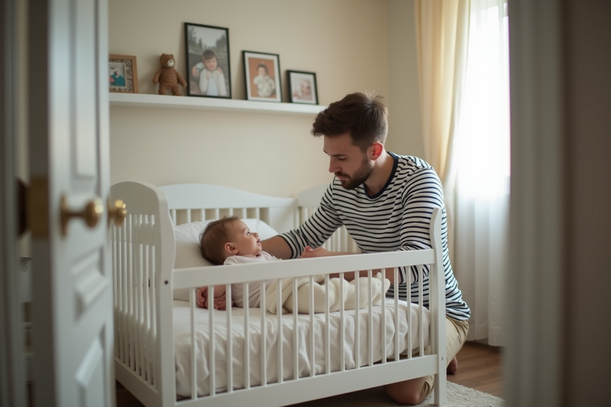 Père observant sa fille dans un lit moderne à la maison