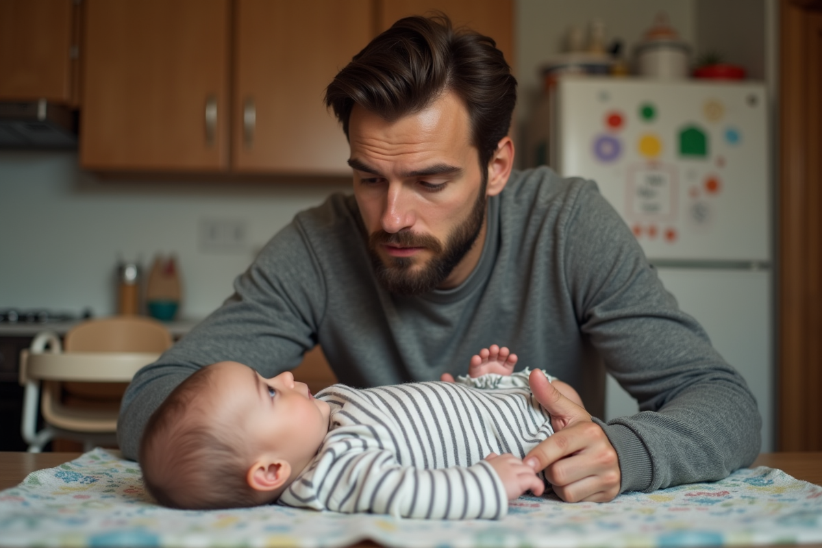 Père observant son bébé dans une cuisine familiale chaleureuse