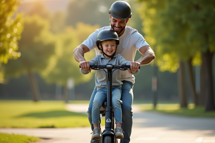 Père et enfant en scooter avec casque dans un parc ensoleille