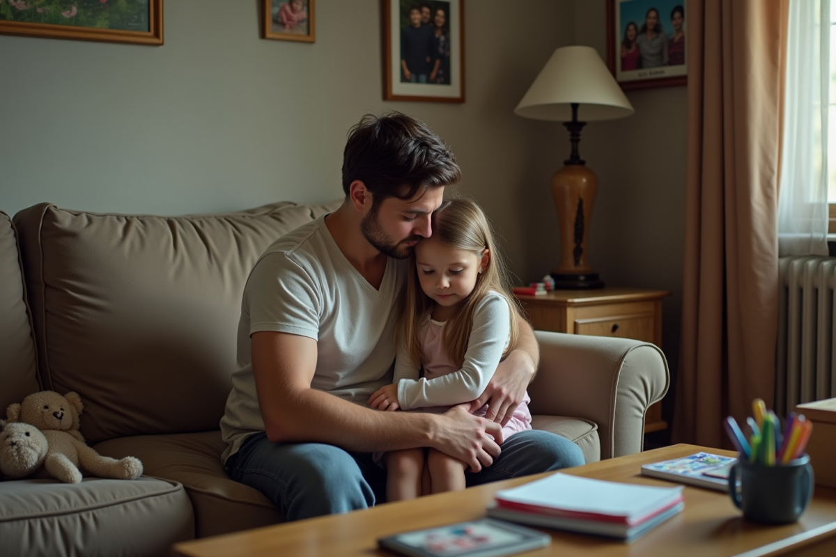 Père et fille dans le salon familial