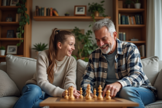 Père et fille jouent aux échecs dans un salon chaleureux