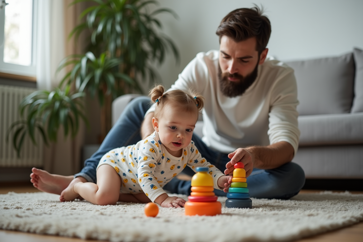 Père jouant avec sa fille dans un salon moderne