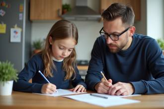 Père et fille remplissant des papiers à la maison