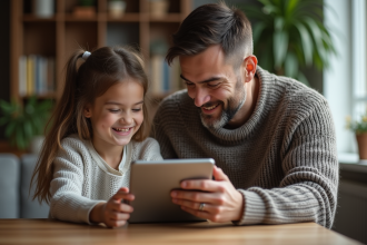 Père et fille souriants partageant une tablette dans un intérieur chaleureux