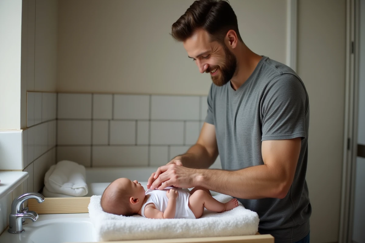 Père massant doucement les jambes de sa fille bébé