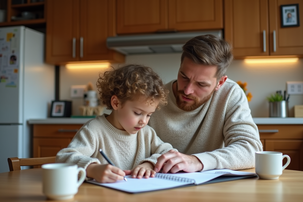 Parent aidant son enfant avec ses devoirs à la maison
