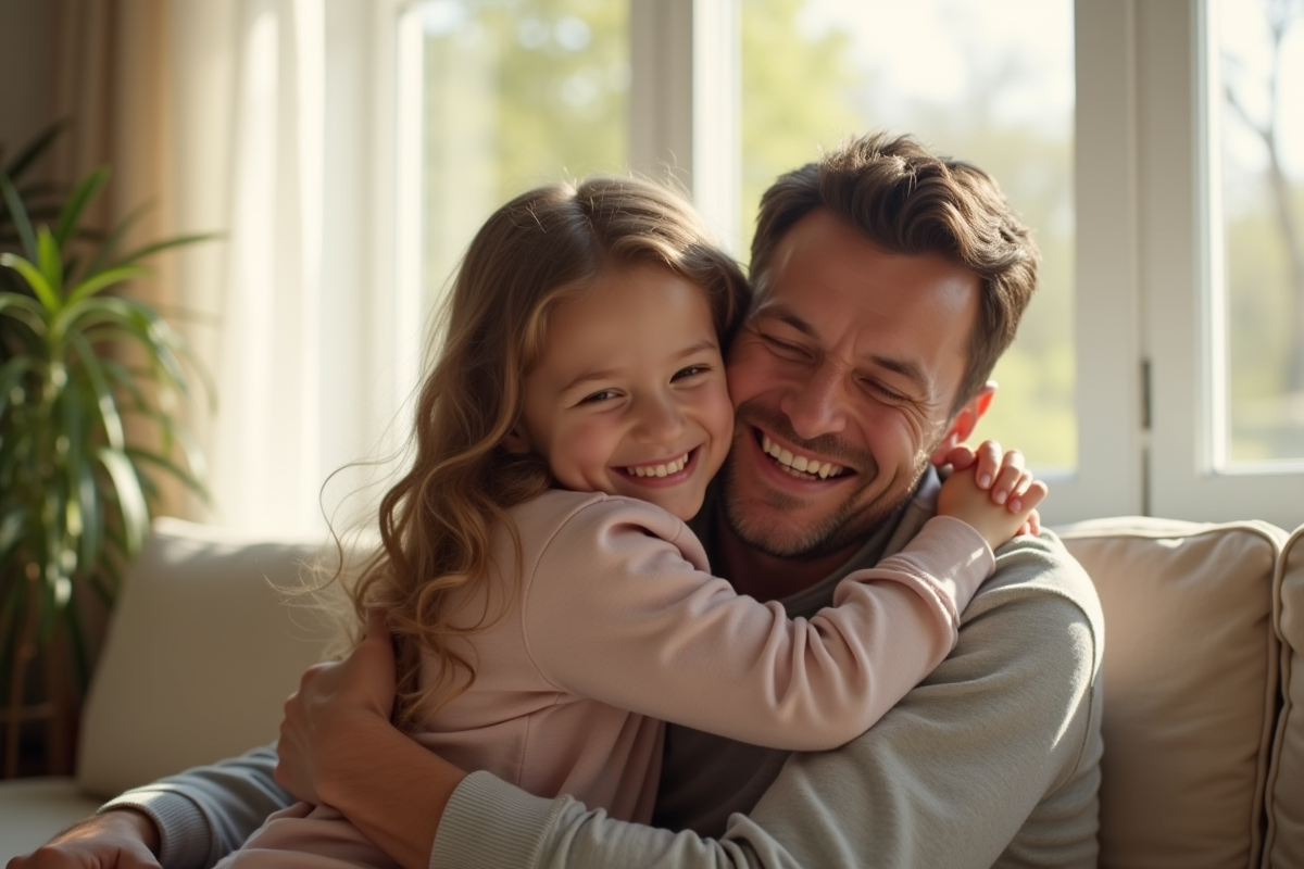 Parent aimant serrant son enfant dans un salon lumineux