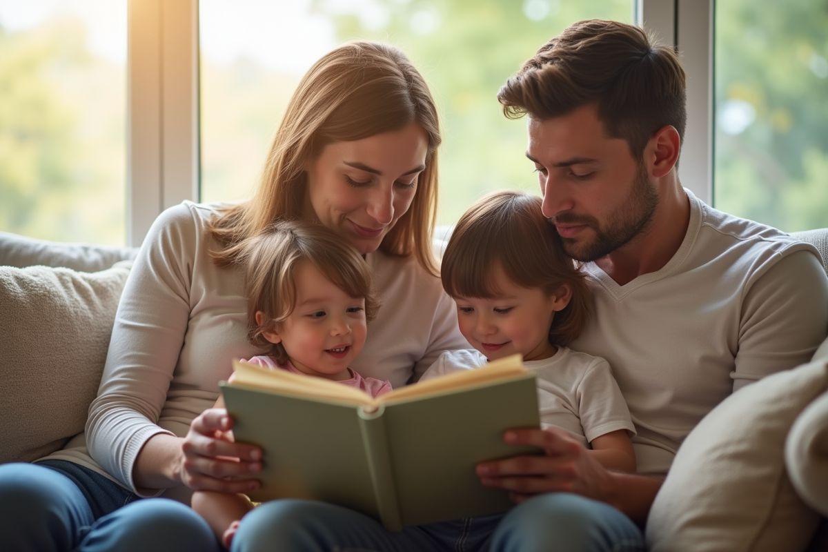 Parents lisant une histoire à leurs enfants dans le salon