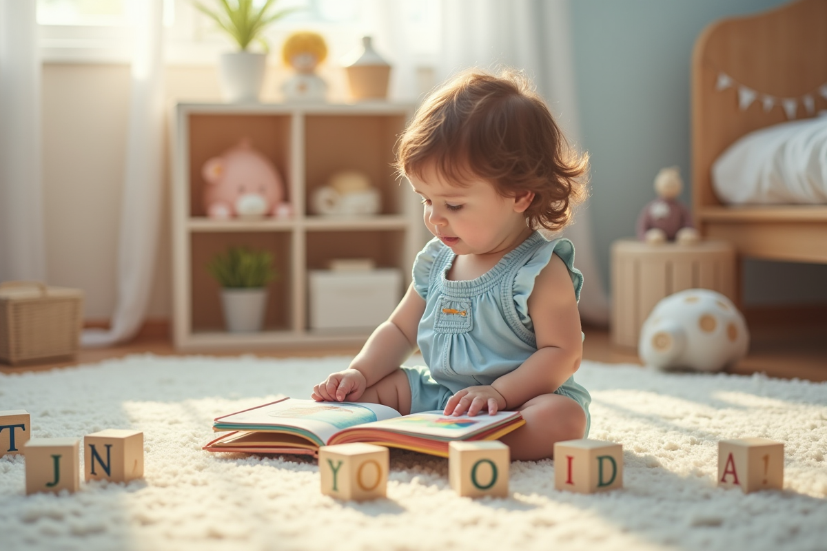 Jeune fille de 22 mois lit un livre coloré dans une nurserie lumineuse