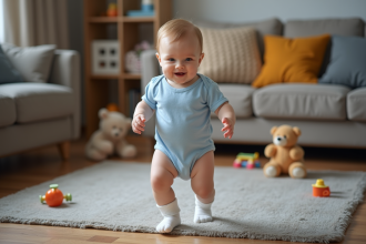 Bébé de 12 mois en marche avec soutien dans un intérieur chaleureux