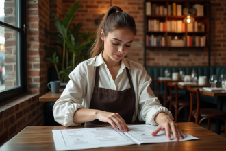 Femme propriétaire de restaurant arrangeant un menu sur une table en bois