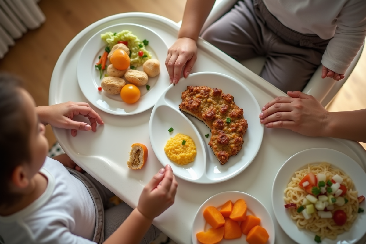Repas familial vu du dessus avec bébé dans une chaise haute