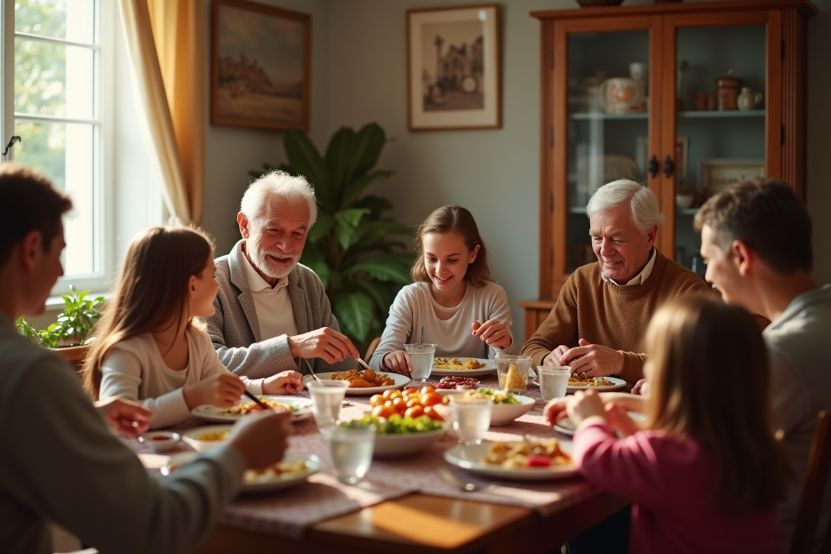 Famille réunie autour d'un repas traditionnel à la maison
