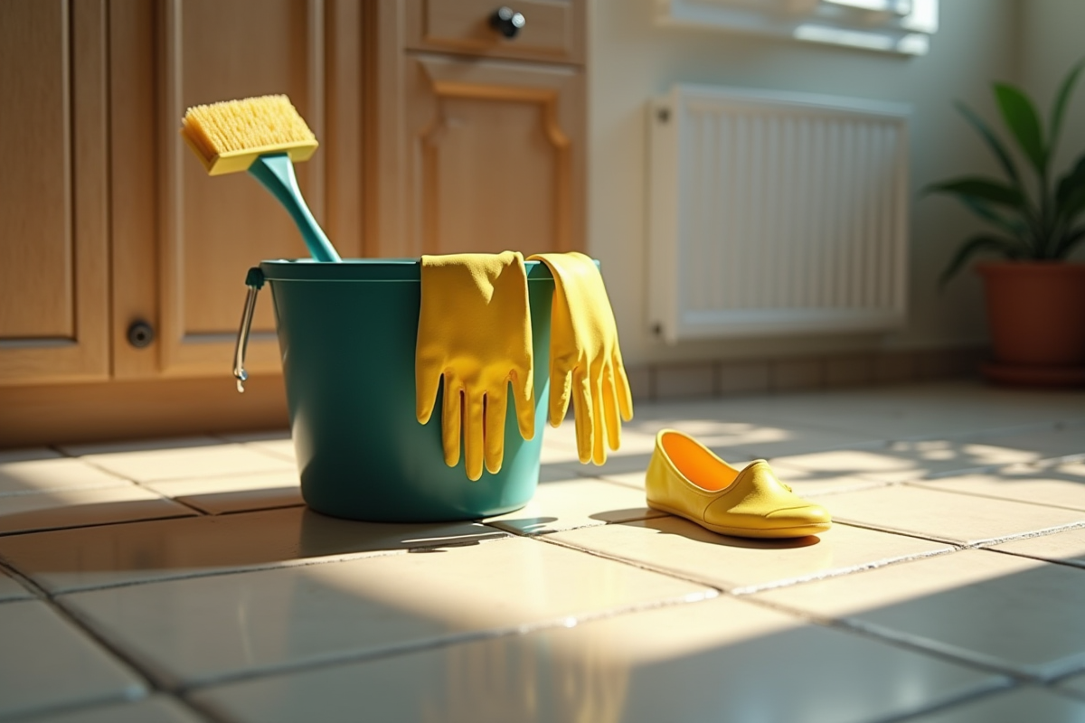 Seau de nettoyage et pantoufle sur le sol de cuisine