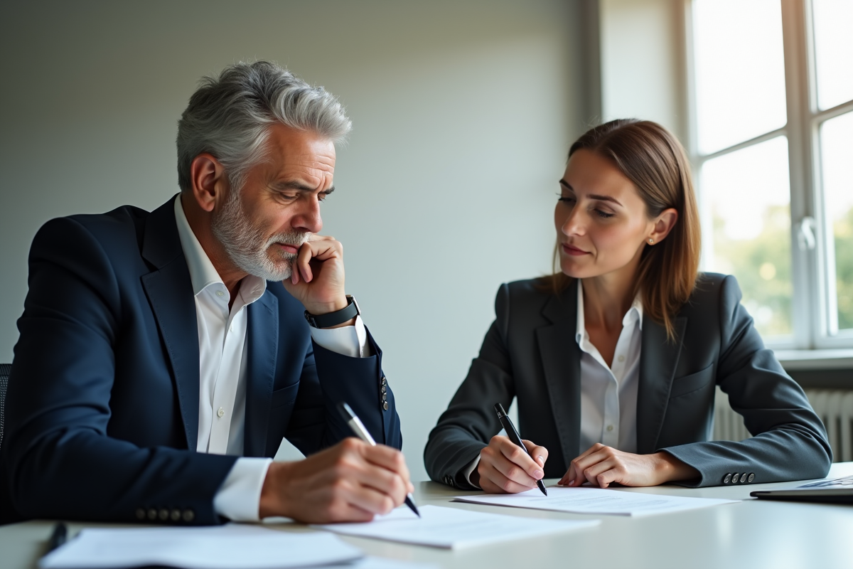 Homme d'âge moyen et femme professionnelle signant des documents