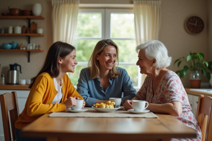 Trois générations de famille autour d'une table de cuisine