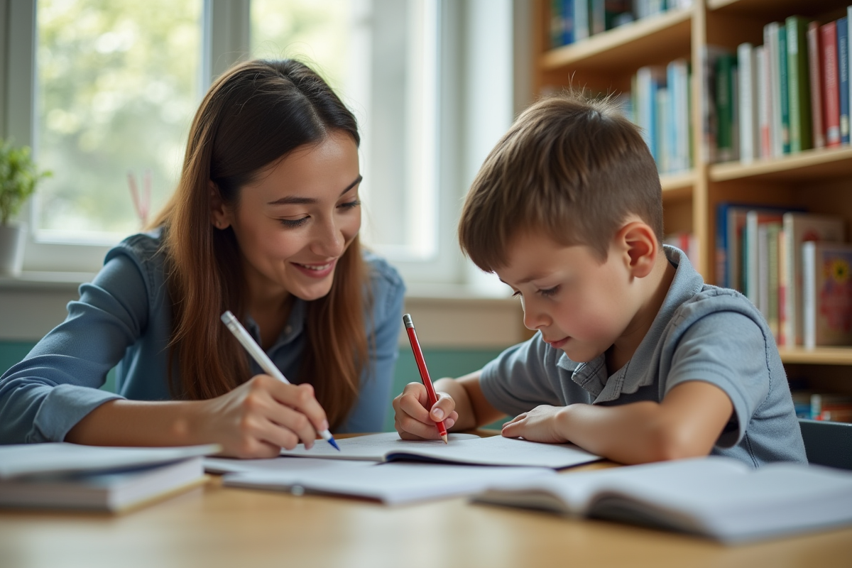 Professeur aidant un élève dans une bibliothèque moderne