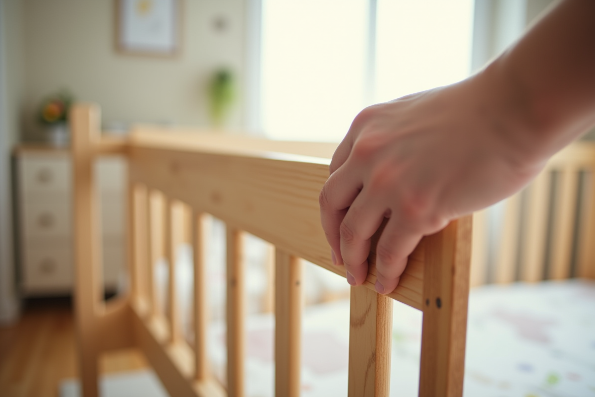 Parent vérifiant la sécurité de la barrière en bois du lit d